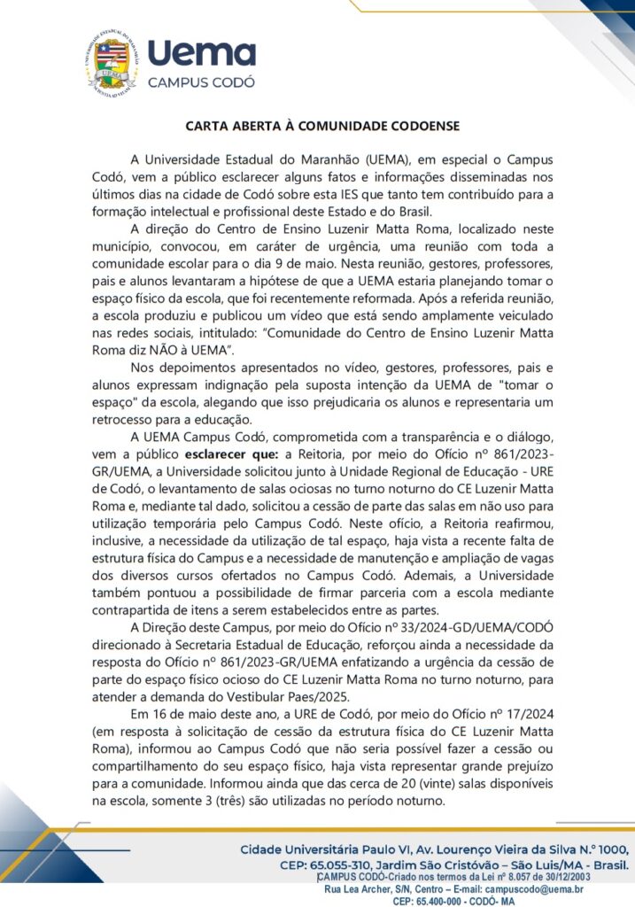 Uema Divulga Carta Aberta Ap S Boatos De Que Estaria Planejando Tomar O Espa O F Sico Do Matta