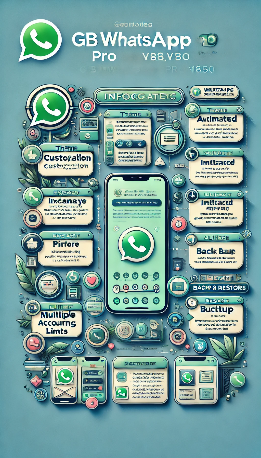 Infográfico detalhando os benefícios dos aplicativos de mensagens personalizados, como GBWhatsApp Pro v18.50, incluindo personalização de temas, privacidade aprimorada, envio de arquivos, mensagens automáticas, uso de múltiplas contas e backup simplificado.