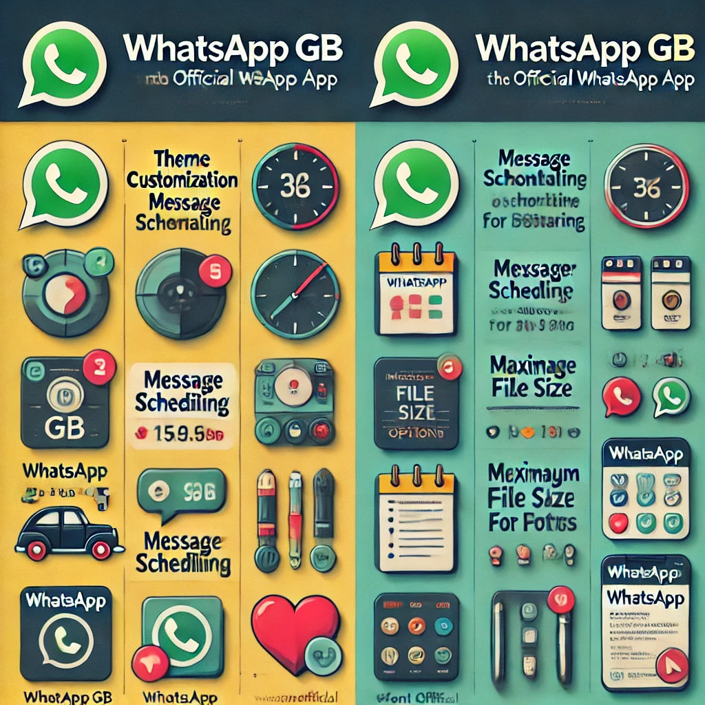 Infográfico comparando WhatsApp GB e WhatsApp Oficial, destacando recursos exclusivos como personalização de temas, agendamento de mensagens, envio de arquivos grandes e personalização de fontes.