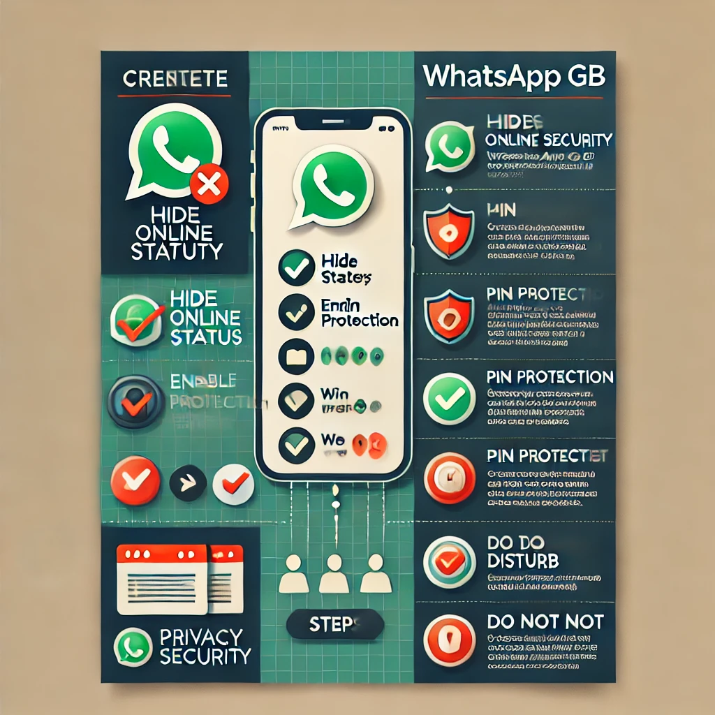 Infográfico em formato de checklist com etapas para configurar privacidade e segurança no WhatsApp GB, incluindo ocultar status online, ativar proteção por PIN e configurar o modo “não perturbe.”