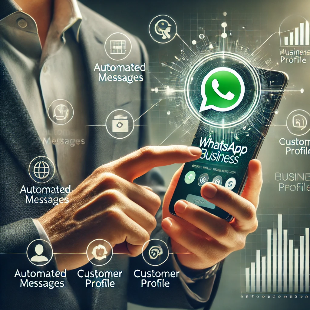 Imagem destacada de um profissional usando o WhatsApp Business em um ambiente de escritório moderno, representando a transformação digital e a eficiência na comunicação para pequenos negócios.