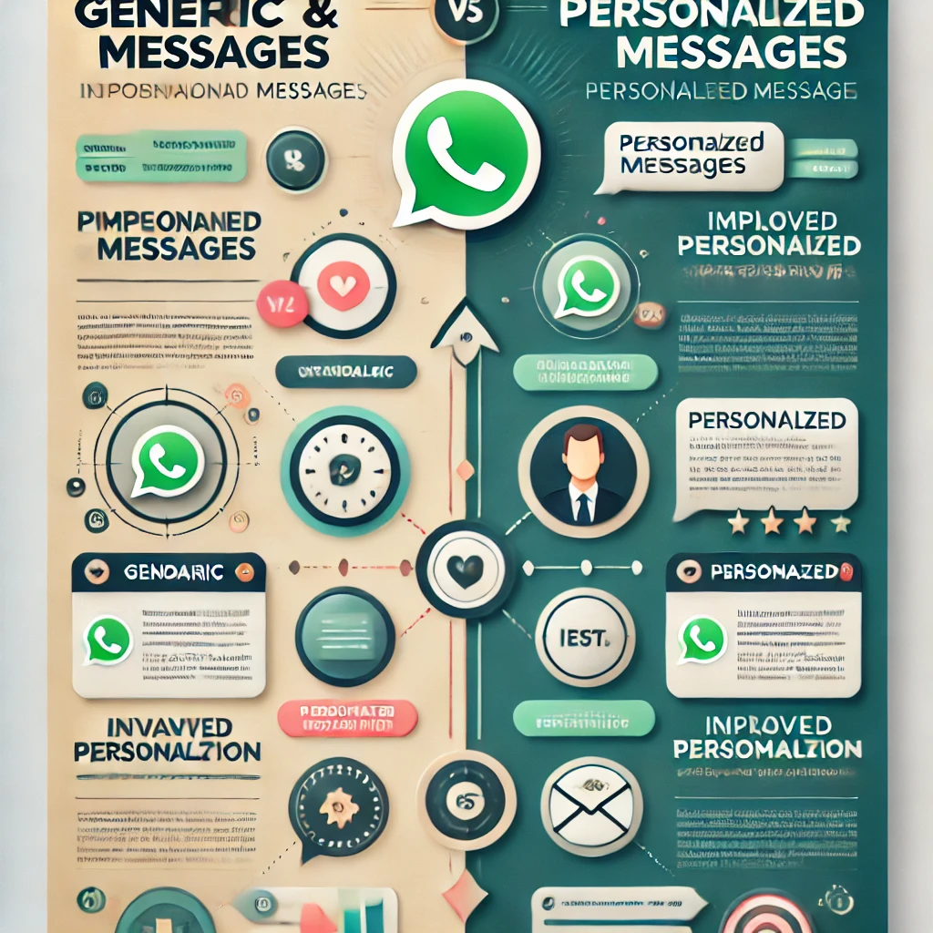 Infográfico comparando mensagens genéricas e personalizadas no WhatsApp Business, destacando os benefícios da personalização para o engajamento do cliente.