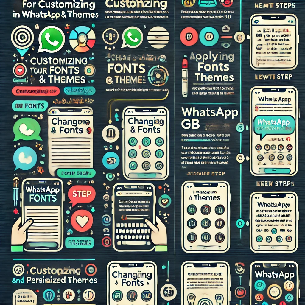 Infográfico em linha do tempo mostrando passo a passo para personalizar fontes e aplicar temas no WhatsApp GB, com ícones e instruções simples.