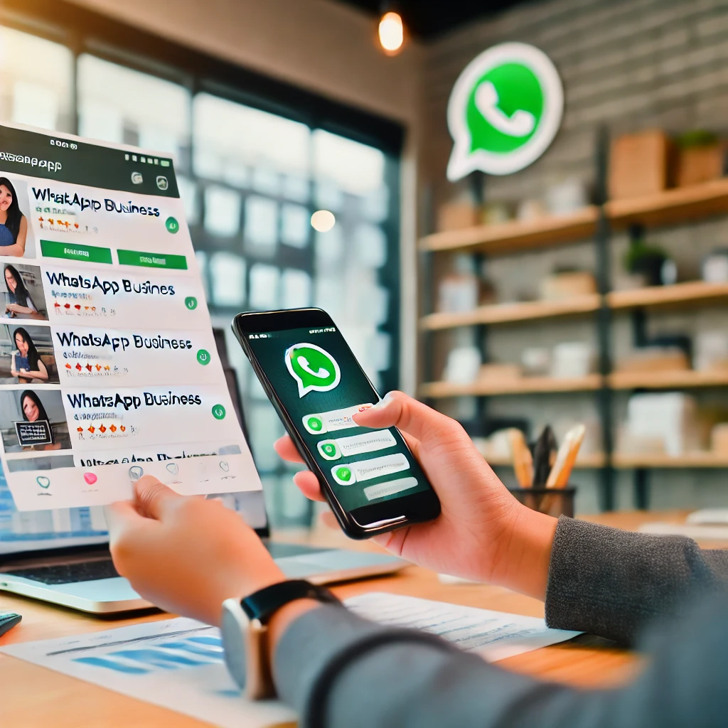 Pequeno empresário usando WhatsApp Business para se comunicar com clientes em um escritório moderno, com catálogo de produtos e notificações eficientes exibidos no smartphone.