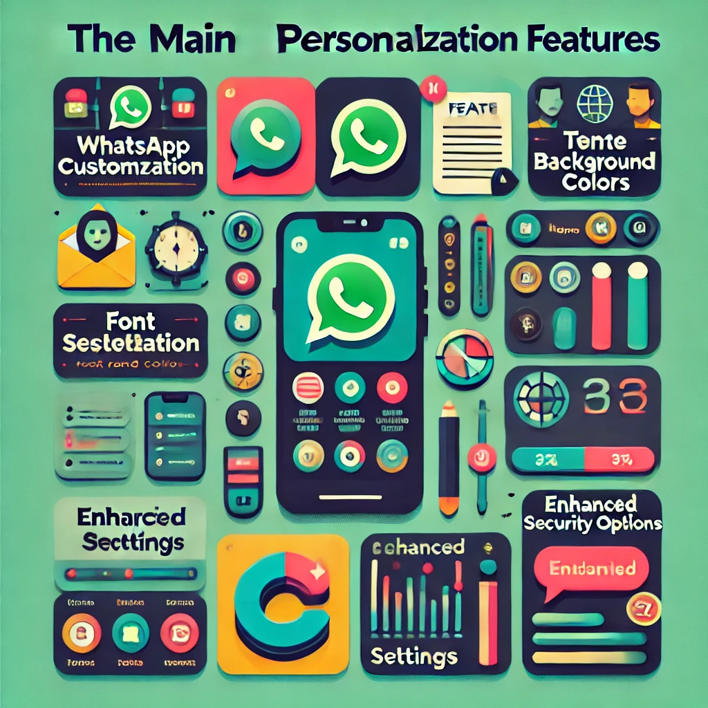 Infográfico sobre principais funcionalidades de personalização do WhatsApp GB, incluindo temas, fontes, cores de fundo, notificações e segurança avançada.