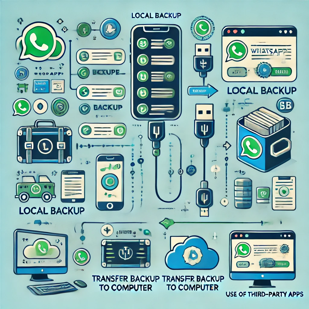 Infográfico ilustrando métodos de backup no WhatsApp GB, incluindo backup local, transferência para computador, e uso de aplicativos de terceiros.