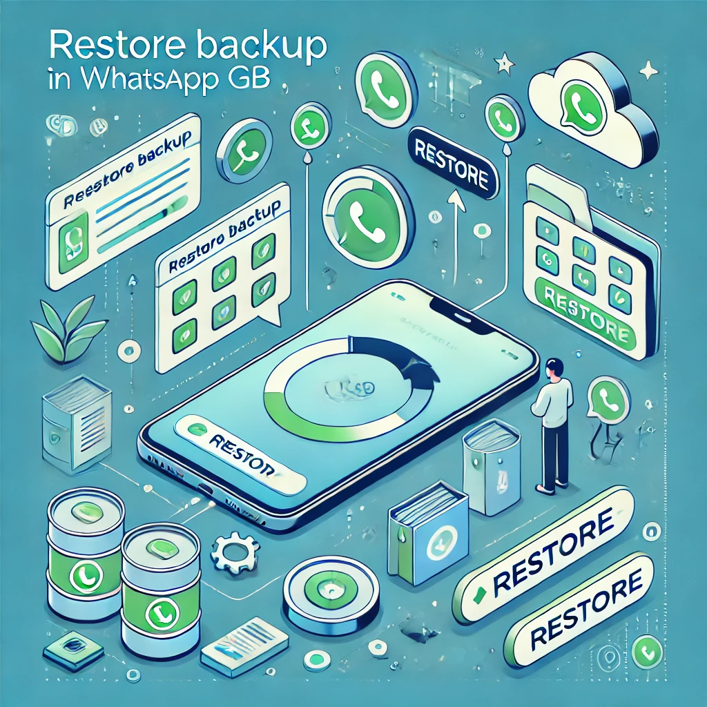 Imagem mostrando um smartphone com o processo de restauração de backup do WhatsApp GB em andamento.