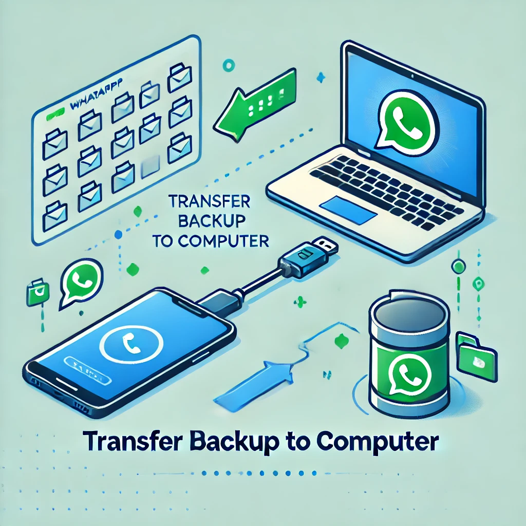 Imagem ilustrando a transferência de backup do WhatsApp GB do smartphone para o computador via cabo USB.