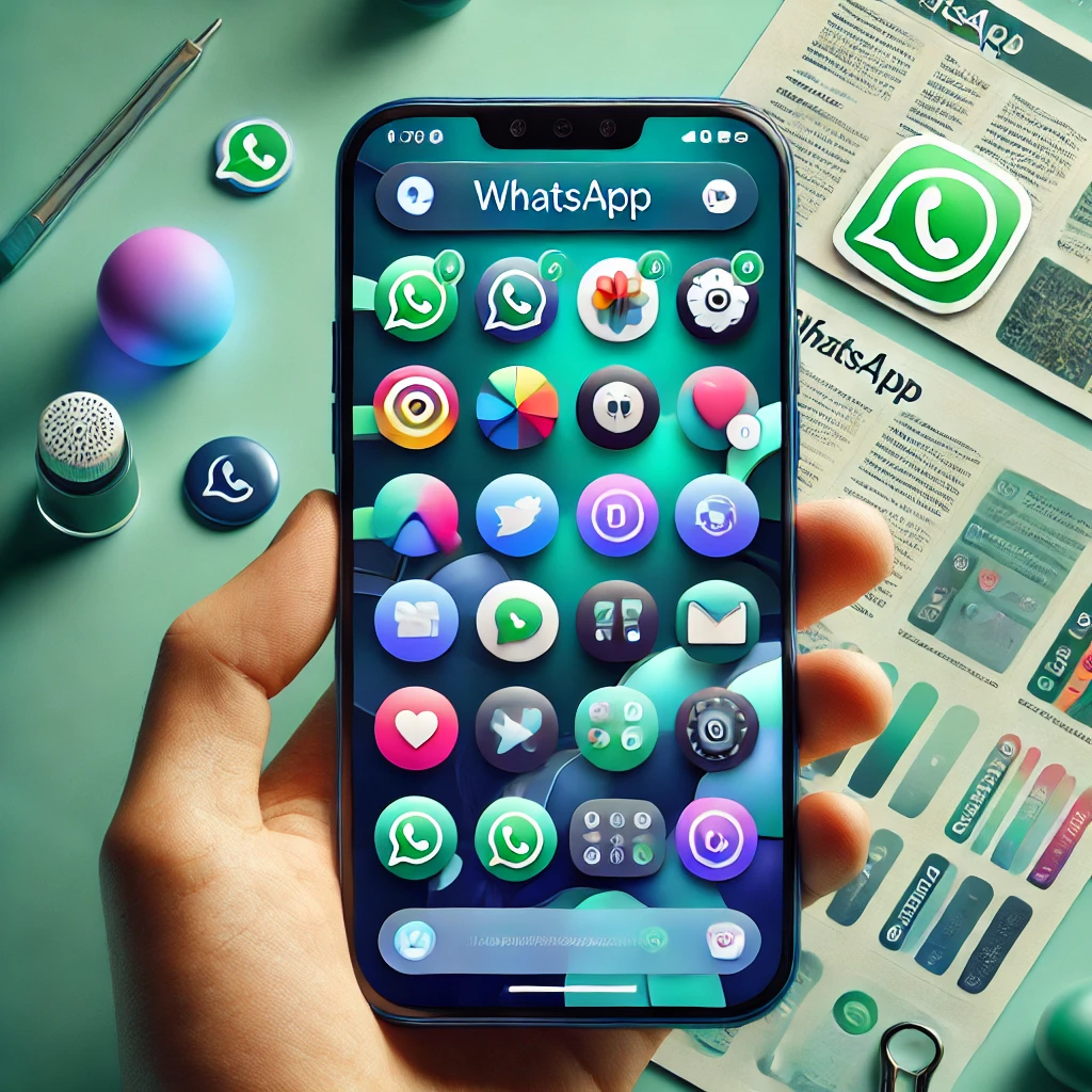 Smartphone exibindo interface personalizada do WhatsApp com ícones coloridos e temas customizados, em fundo minimalista com tons de azul e verde.