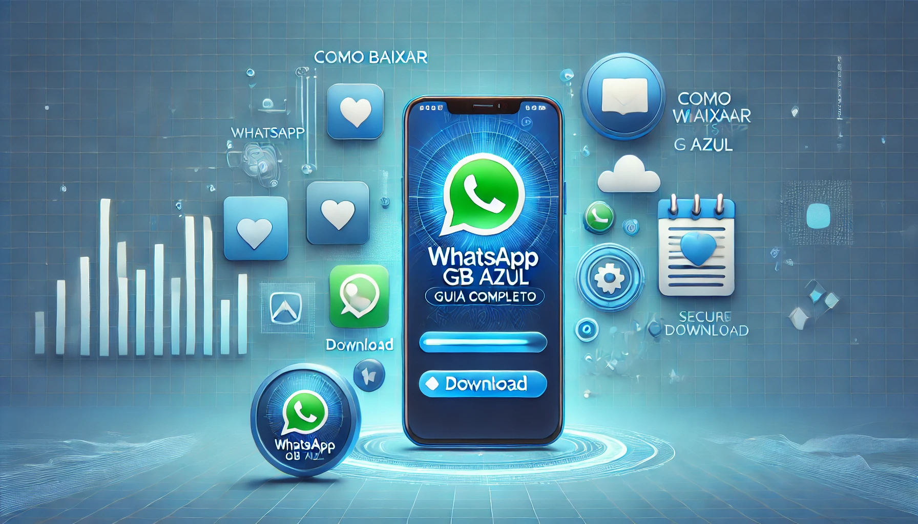 Imagem ilustrando o processo de download do WhatsApp GB Azul, com um smartphone, botão de download e ícones representando segurança e instalação.