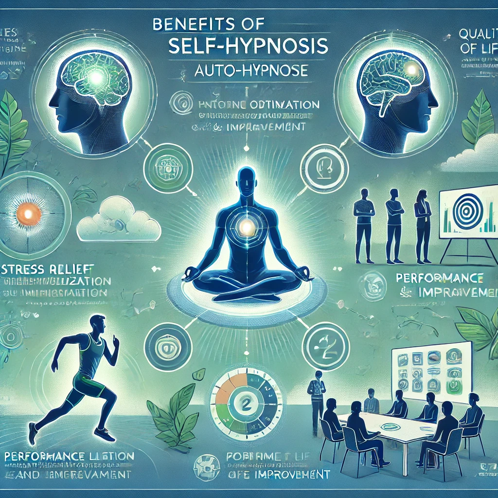 Infográfico detalhado sobre os benefícios e aplicações da auto-hipnose, mostrando uma pessoa meditando para redução do estresse, um atleta em movimento simbolizando desempenho otimizado e um grupo em workshop refletindo a popularidade da técnica.