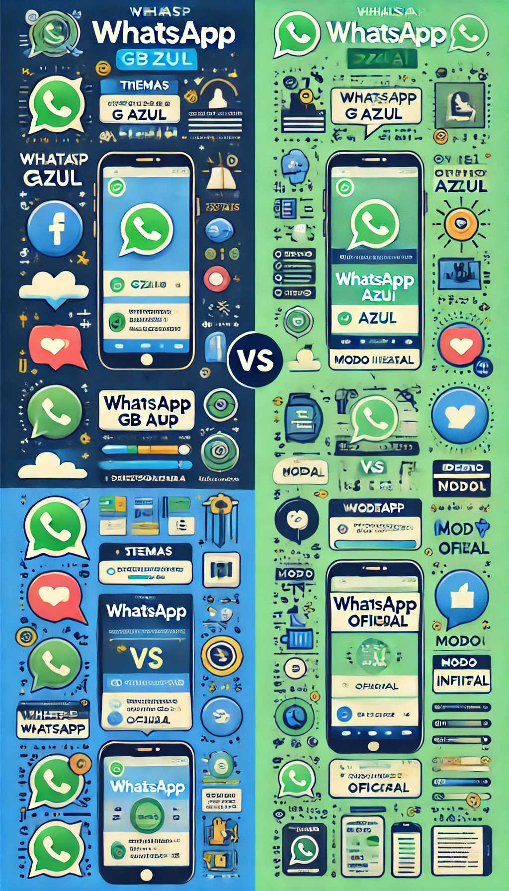 Comparativo visual entre WhatsApp GB Azul e WhatsApp Oficial, destacando diferenças em personalização, privacidade, funcionalidades, segurança e atualizações.