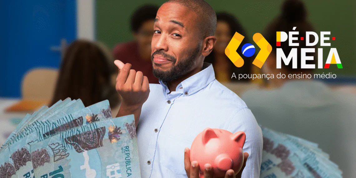 Homem sorrindo com notas de dinheiro e cofre, ilustrando o apoio financeiro do programa Pé-de-Meia para estudantes