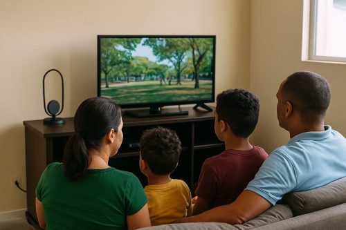 Família assistindo televisão juntos em uma sala de estar confortável