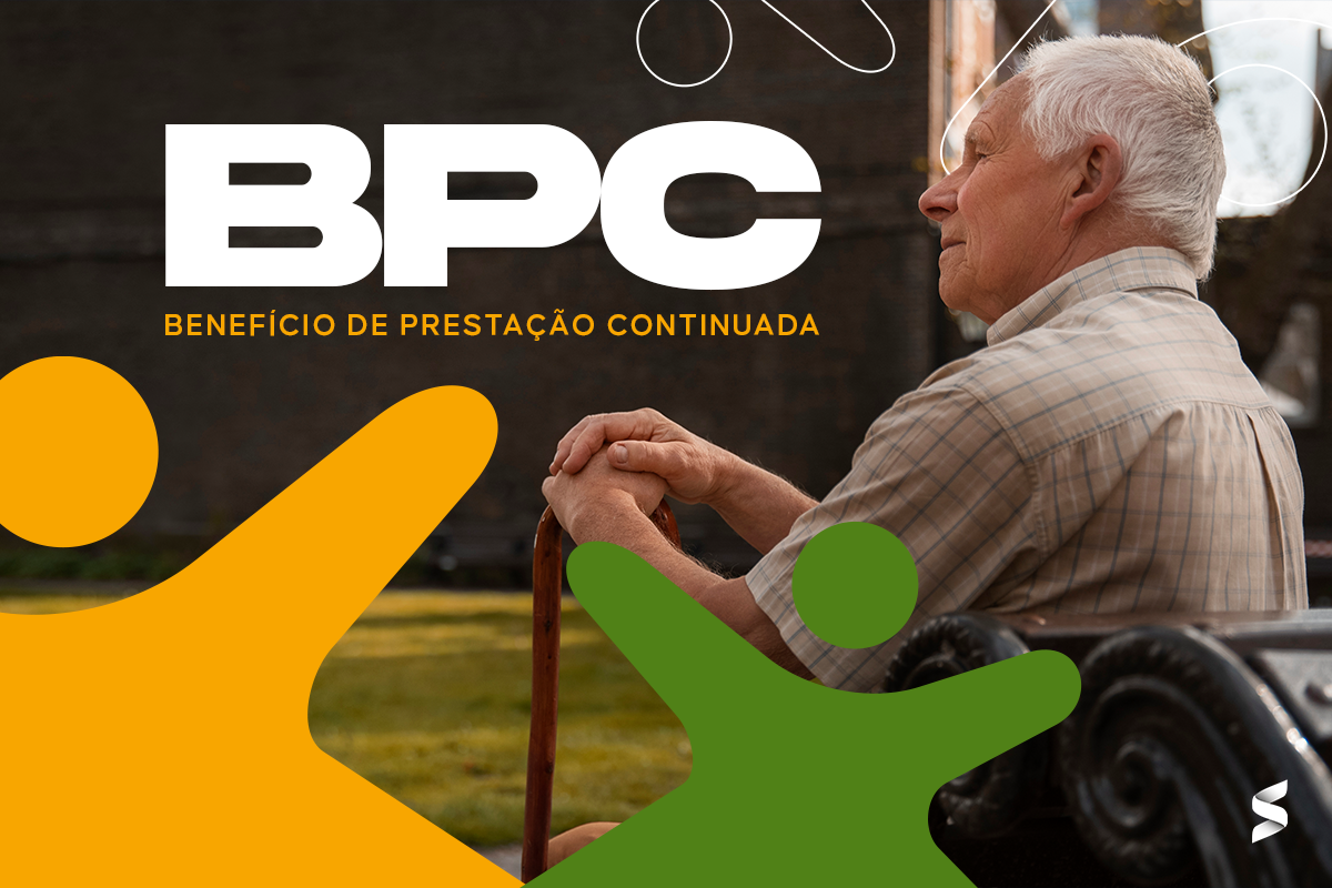 Senhor de cabelos brancos com bengala ao lado do logo BPC e texto "Benefício de Prestação Continuada