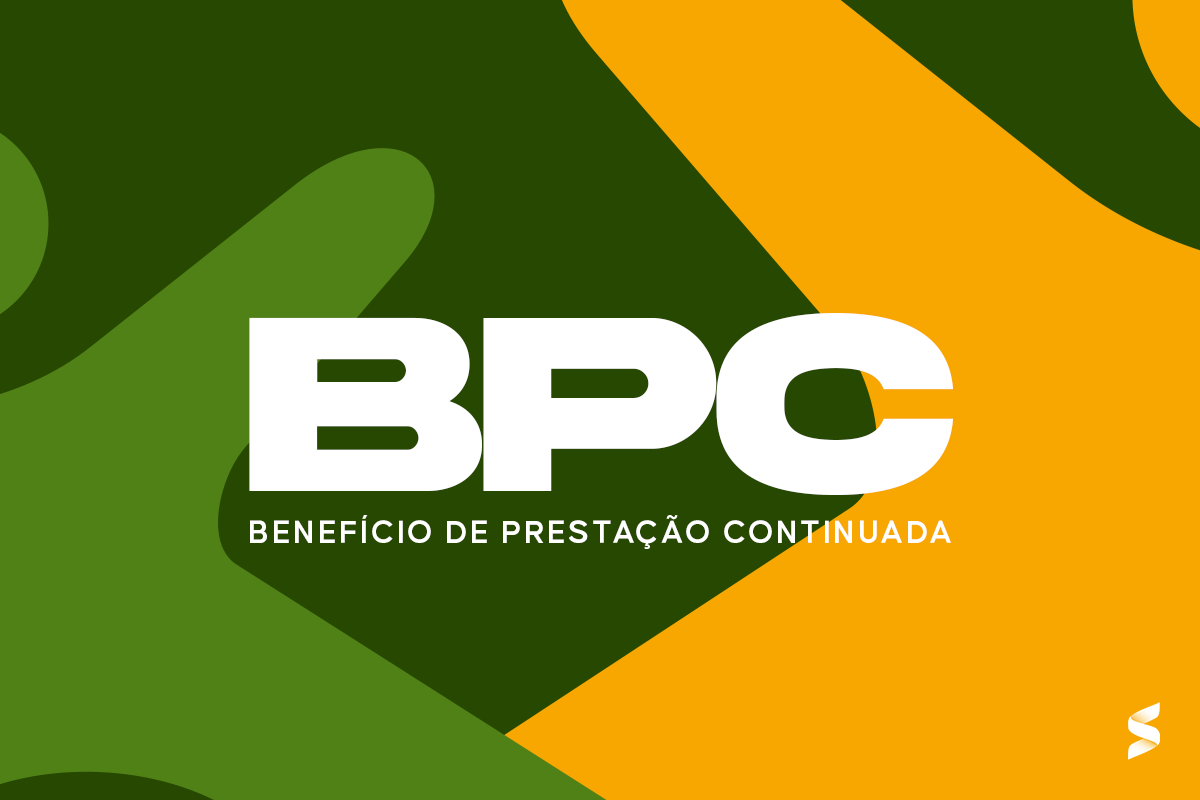 Logo abstrato BPC em branco sobre fundo com formas fluidas em verde e amarelo com texto "Benefício de Prestação Continuada"