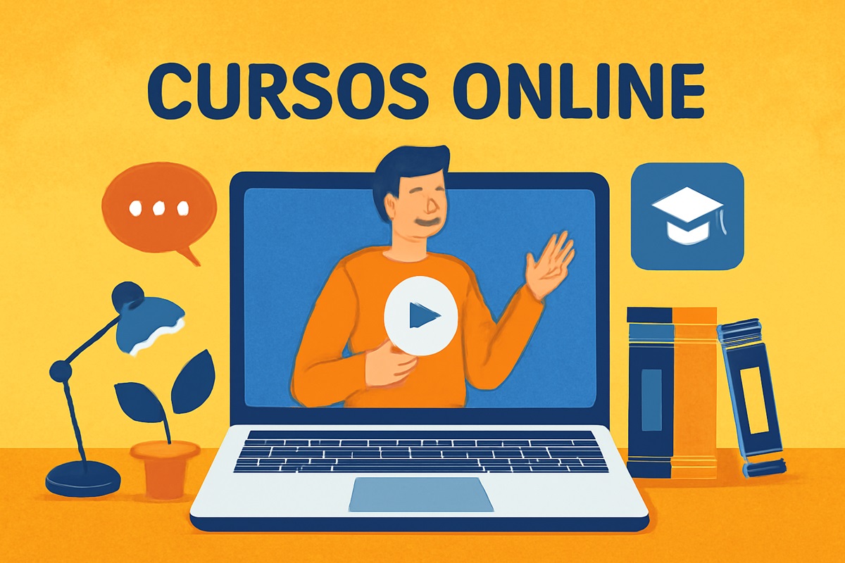 Ilustração colorida de laptop exibindo aula online com professor e elementos de estudo ao redor.