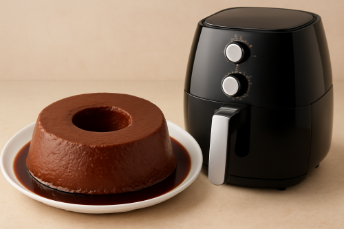 Pudim de chocolate ao lado de uma Airfryer preta moderna