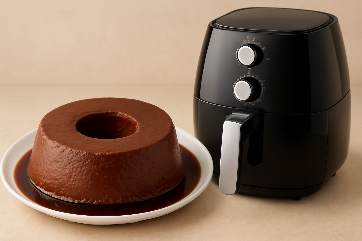 Pudim de chocolate ao lado de uma Airfryer preta moderna