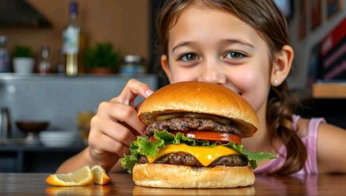 Menina comendo um hambúrguer delicioso sobre a mesa.