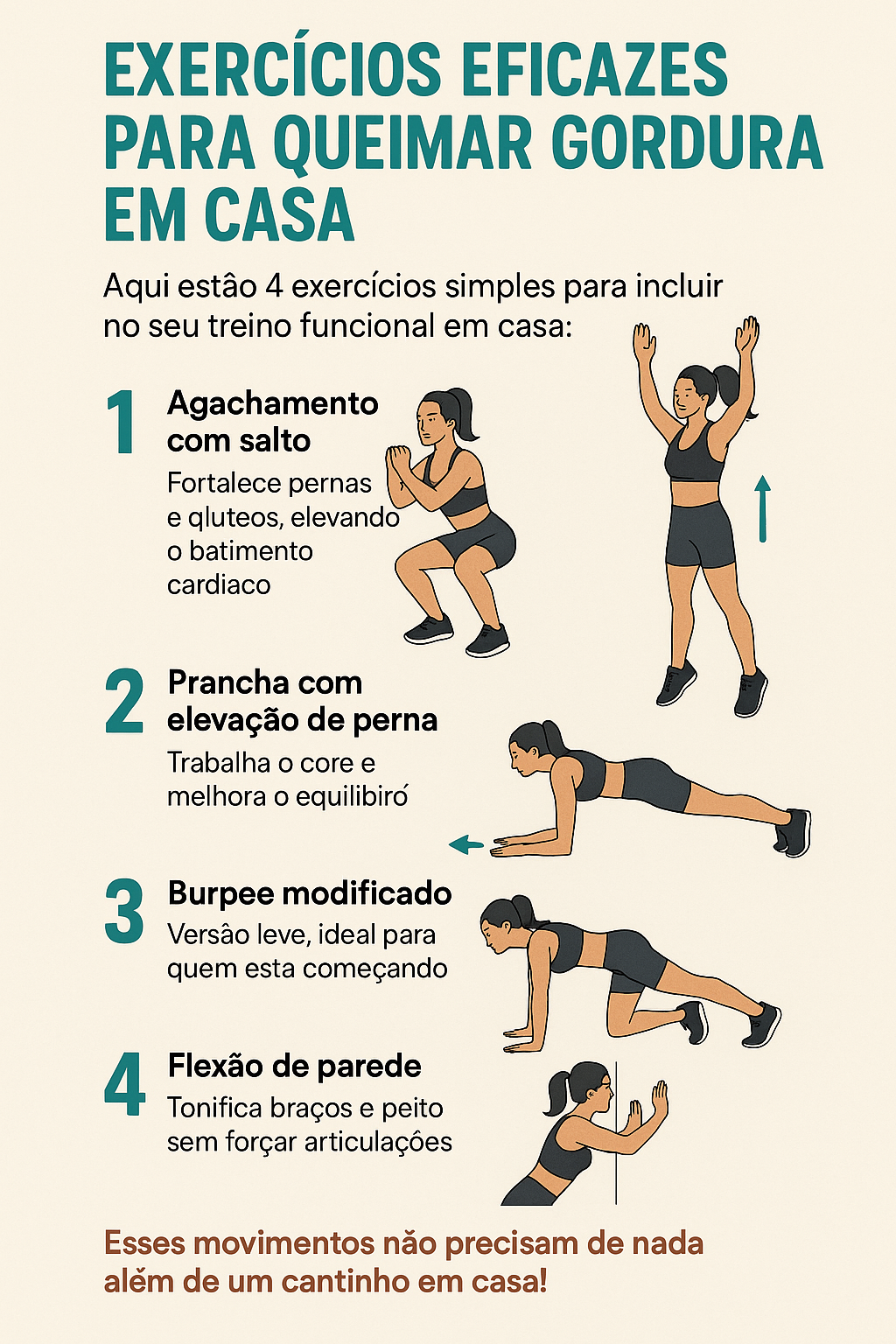 Infográfico em português com quatro exercícios funcionais para queimar gordura em casa, ilustrando movimentos como agachamento com salto, prancha com elevação de perna, burpee modificado e flexão de parede.