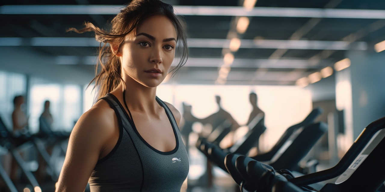 Mulher jovem em roupa de academia olhando para a câmera dentro de uma academia moderna, com esteiras ao fundo.