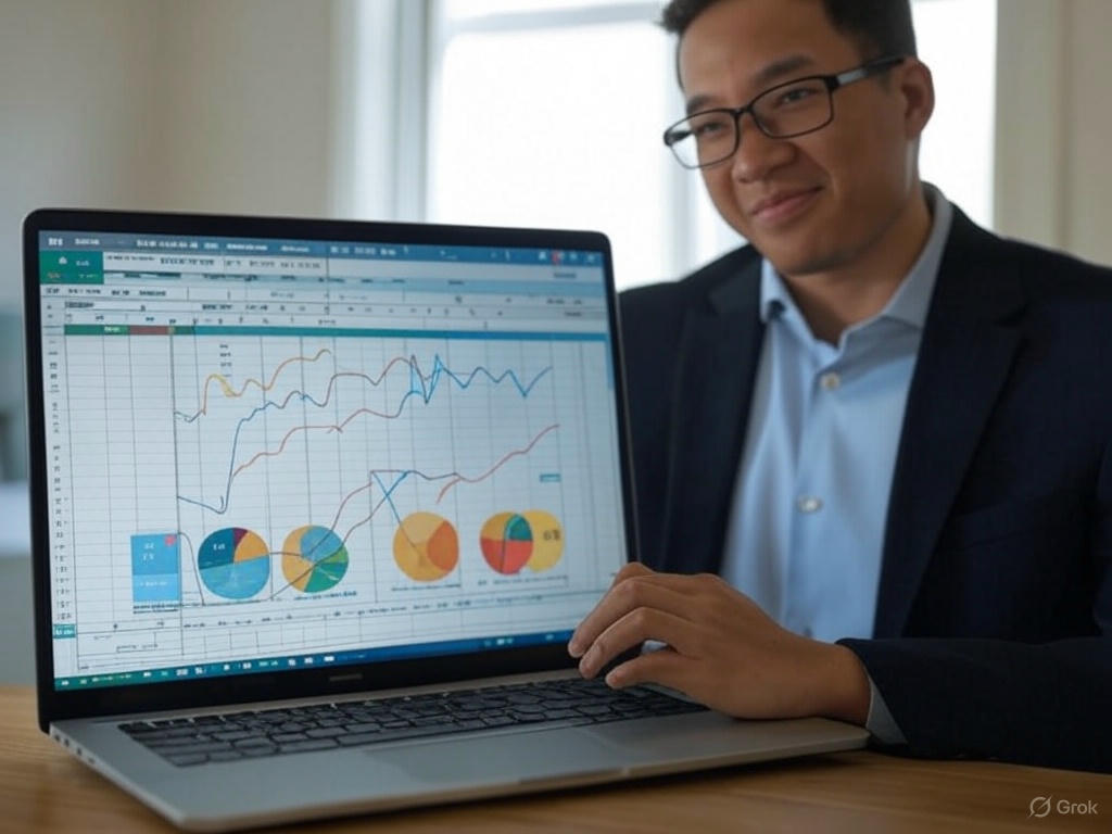 Análise financeira em Excel mostrando gráficos de barras, linhas e pizza em curso online