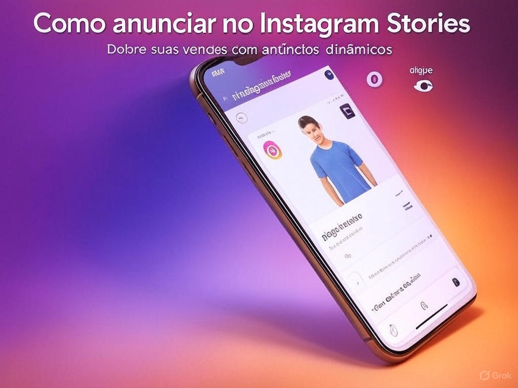 Banner destacado: Como anunciar no Instagram Stories com mockup de smartphone e ícones de impressões e cliques
