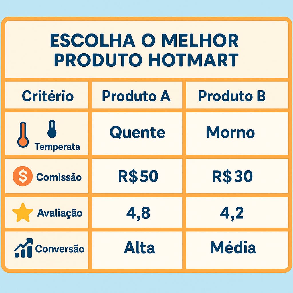 Tabela comparativa de produtos para afiliados Hotmart com critérios de escolha