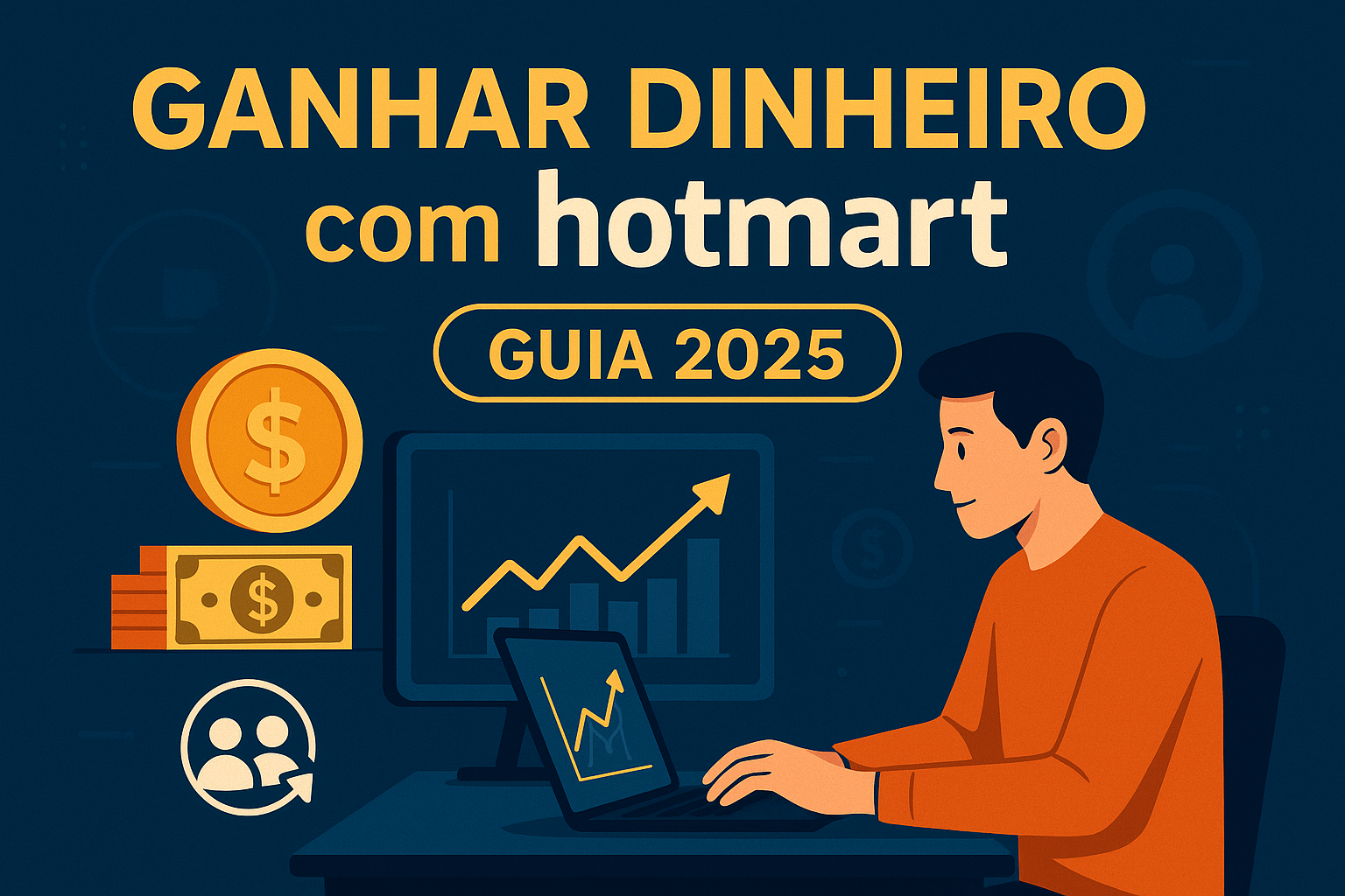 Imagem ilustrativa de um homem trabalhando no computador com gráficos de lucro, representando estratégias para ganhar dinheiro com Hotmart em 2025.