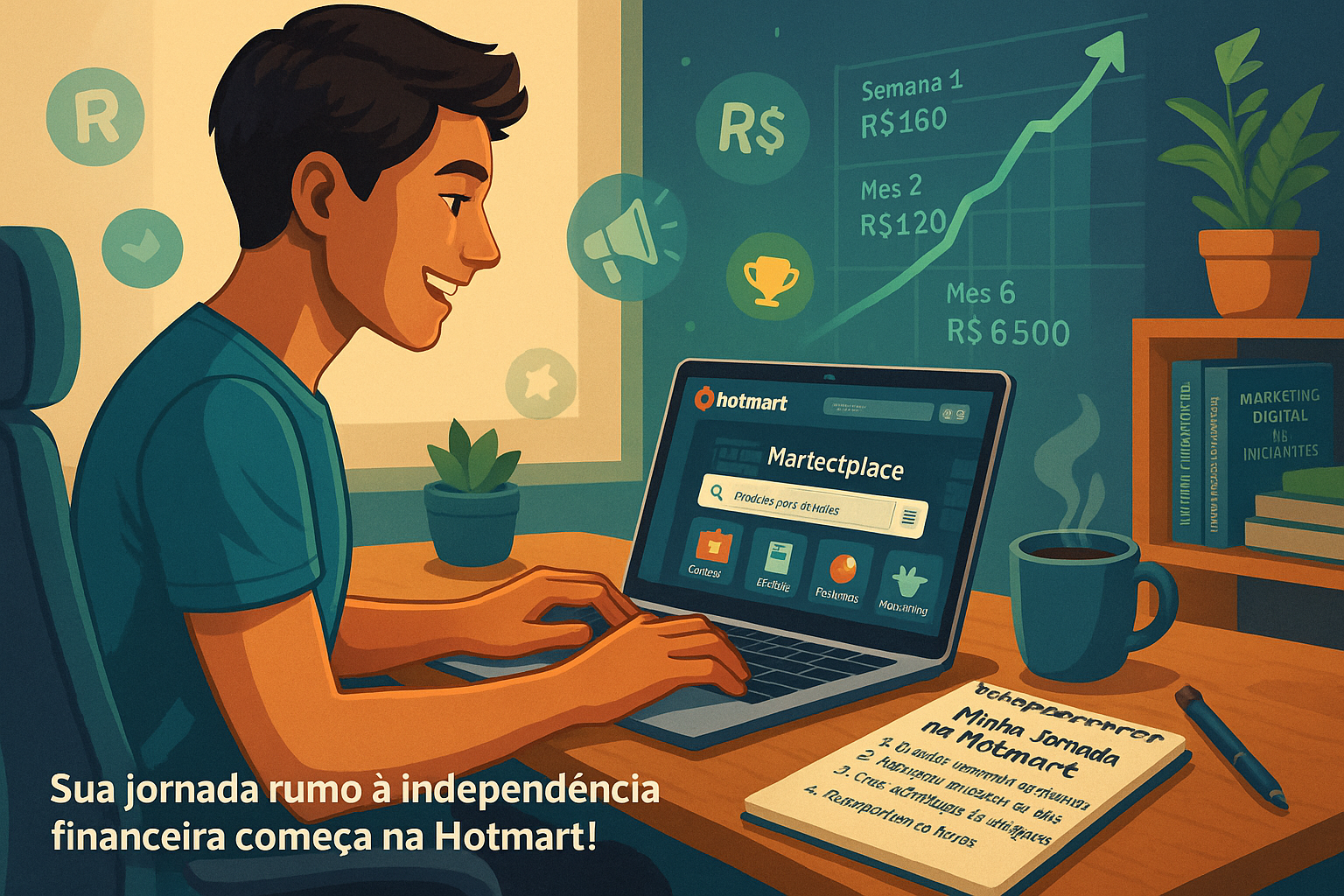 Afiliado iniciante entusiasmado trabalhando em um laptop com o site da Hotmart aberto, acompanhado de gráficos de crescimento financeiro e ferramentas de aprendizado