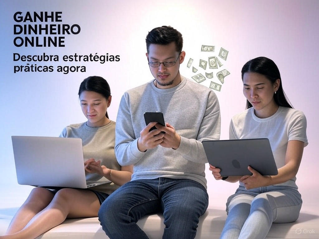 Banner hero mostrando pessoas usando smartphone, laptop e tablet, com gráficos de crescimento e ícones de dinheiro para ilustrar como ganhar dinheiro na internet com TikTok