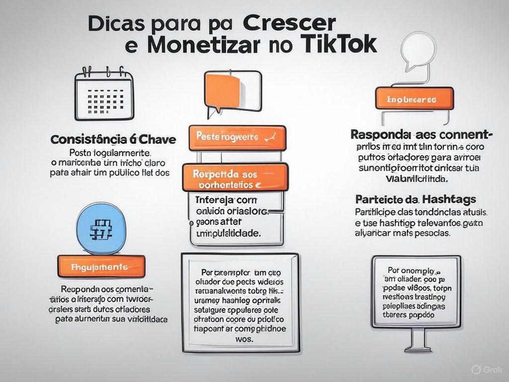 Infográfico com dicas de como ganhar dinheiro na internet com TikTok: consistência, engajamento e uso de trends e hashtags