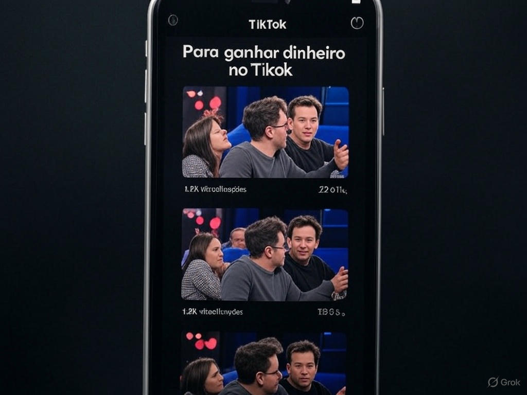 Mockup de feed de TikTok com corações e contadores de visualizações para ilustrar monetização na plataforma
