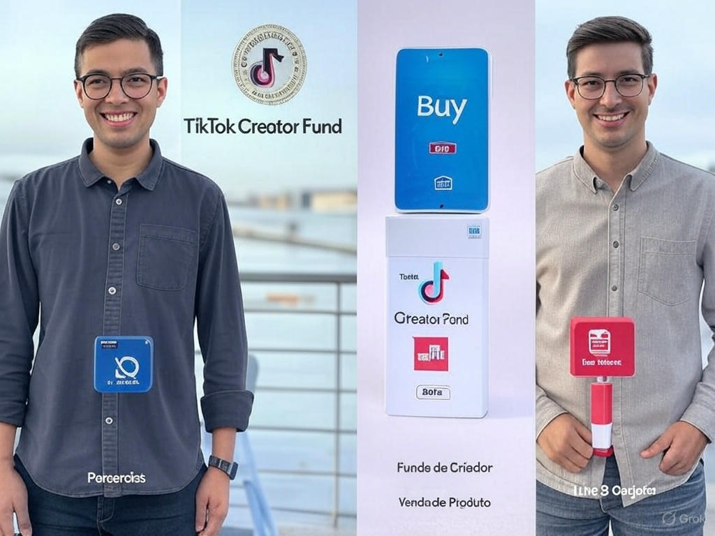 Quadrícula de miniaturas mostrando parcerias, TikTok Creator Fund, venda de produto e lives com gorjetas