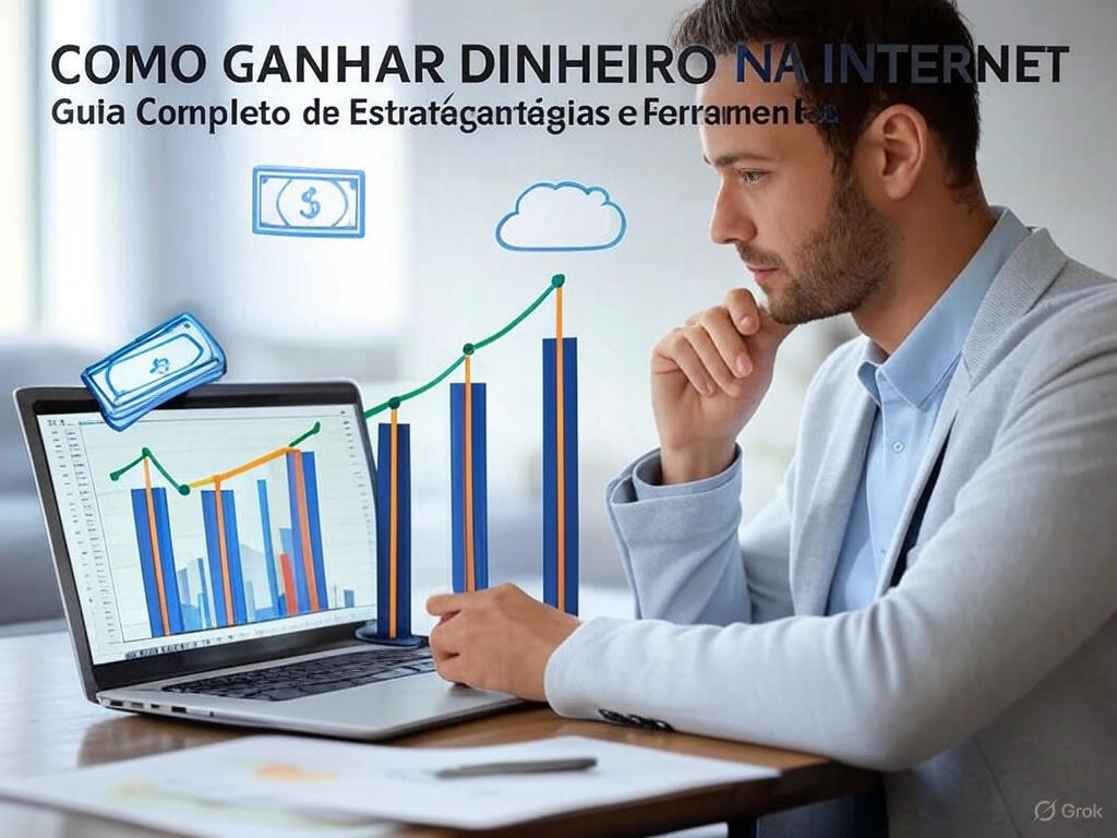 Pessoa em home office com laptop, smartphone e tablet exibindo gráficos de crescimento e ícones de dinheiro, ilustrando como ganhar dinheiro na internet