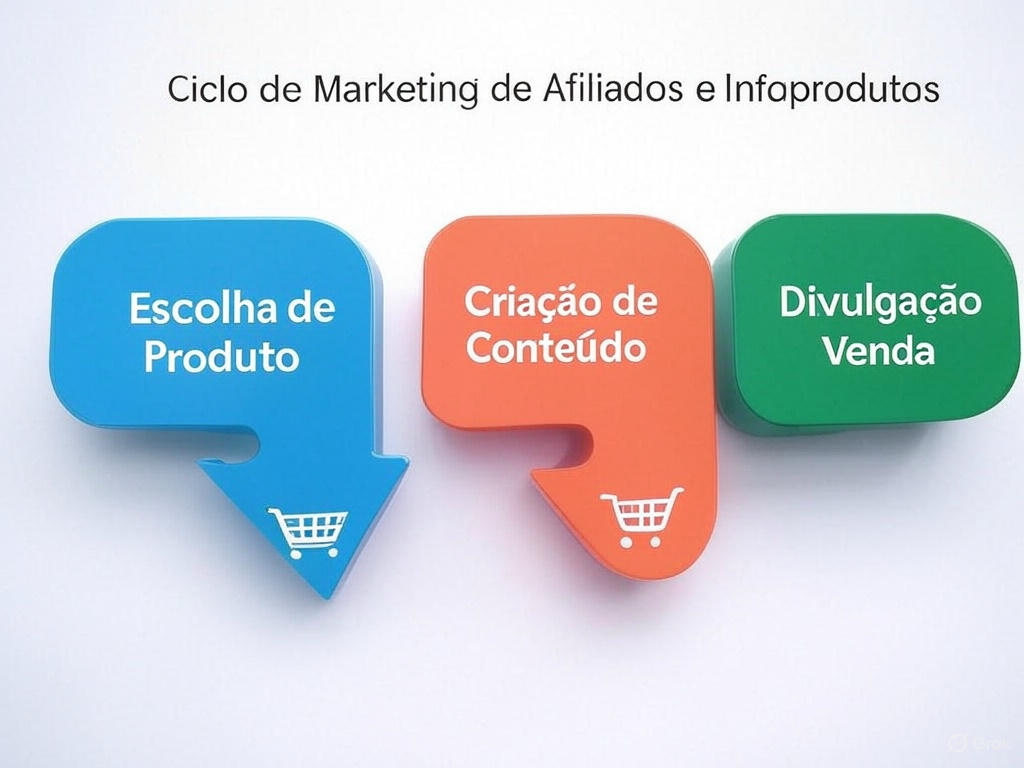 Fluxograma mostrando: Escolha de Produto → Criação de Conteúdo → Divulgação → Venda