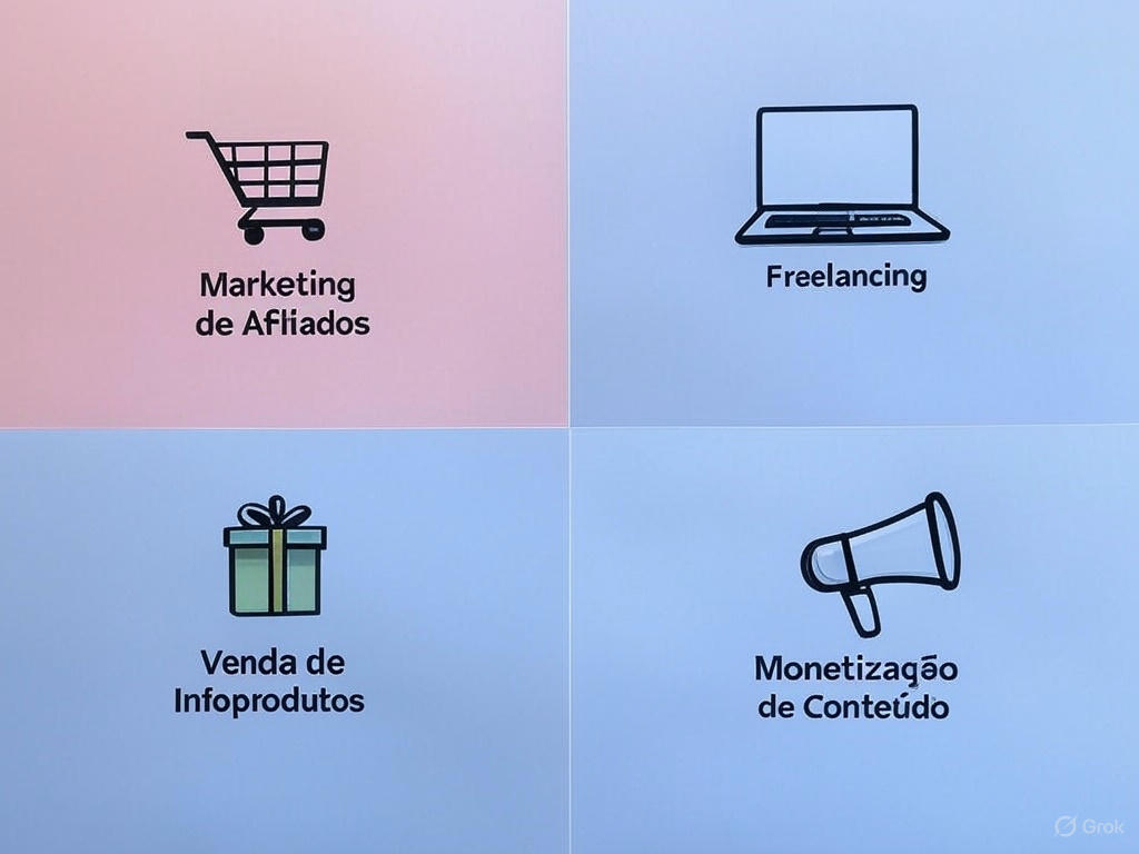 Grid de quatro ícones representando Marketing de Afiliados, Venda de Infoprodutos, Freelancing e Monetização de Conteúdo