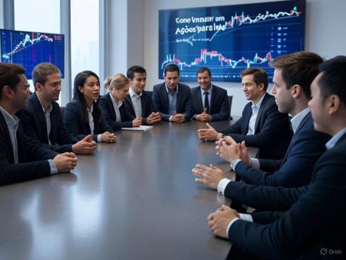 Grupo diverso de investidores discutindo como investir em ações para iniciantes, com gráficos e a frase 'Como Investir em Ações para Iniciantes' ao fundo