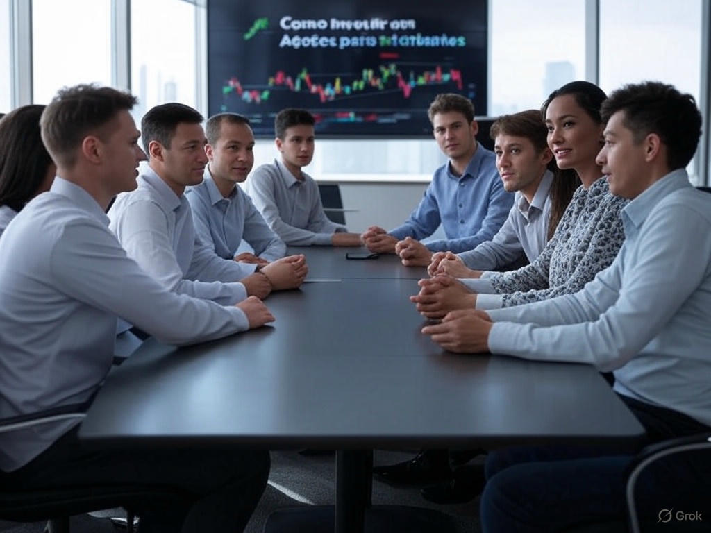 Grupo de investidores discutindo como investir em ações para iniciantes em reunião com gráficos de ações ao fundo