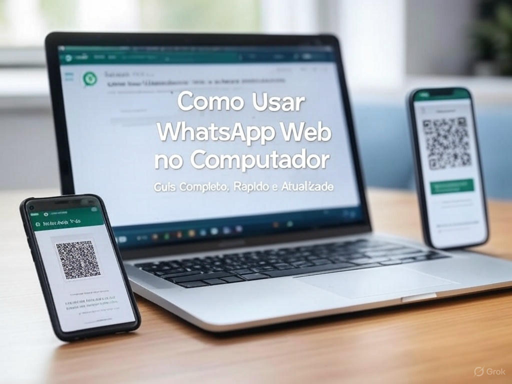 Tutorial visual mostrando como usar o WhatsApp Web no computador com QR Code, computador e celular em destaque