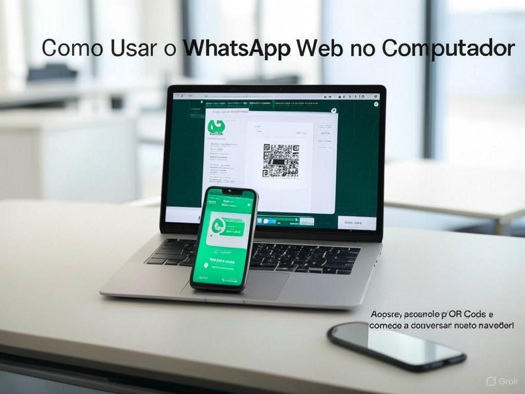 Ilustração mostrando como usar o WhatsApp Web no computador, com celular escaneando o QR Code no navegador