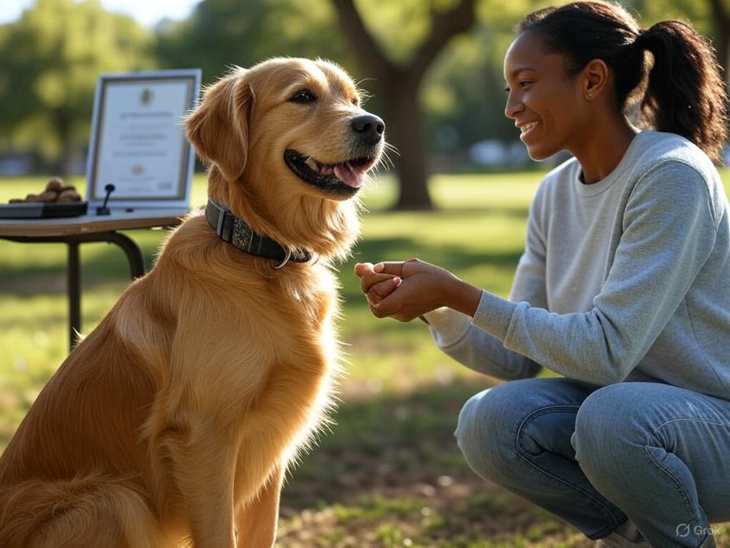 Dono e cão em treinamento com curso de adestramento de cães, certificado e petiscos ao fundo.