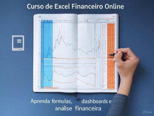 Curso de Excel Financeiro Online: notebook com planilhas, gráficos de barras e linhas em cores vibrantes