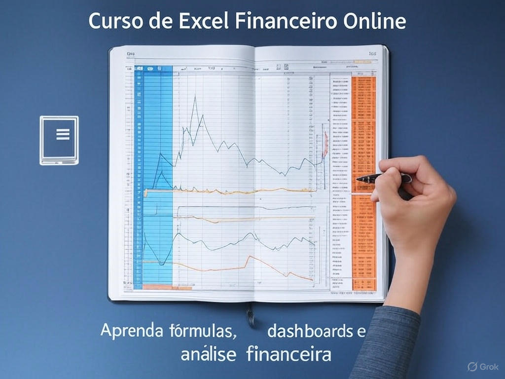 Curso de Excel Financeiro Online: notebook com planilhas, gráficos de barras e linhas em cores vibrantes