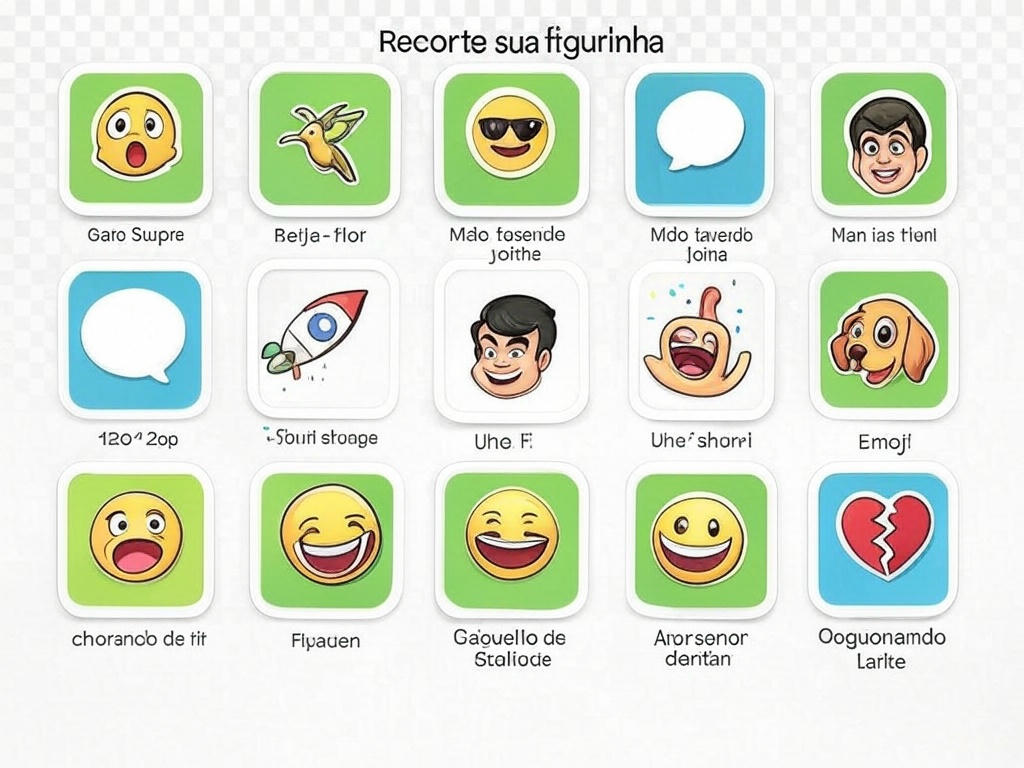 Template semirrealista com 36 figurinhas para WhatsApp em grid 6×6, stickers flutuantes como memes, emojis, objetos brasileiros e ícones, prontos para recorte.