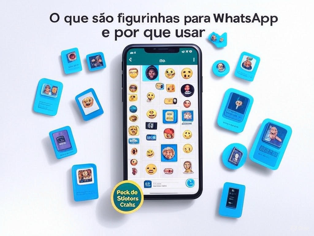 Smartphone exibindo figurinhas para WhatsApp com diversos stickers de memes, emojis e pack de figurinhas grátis em estilo flat moderno.