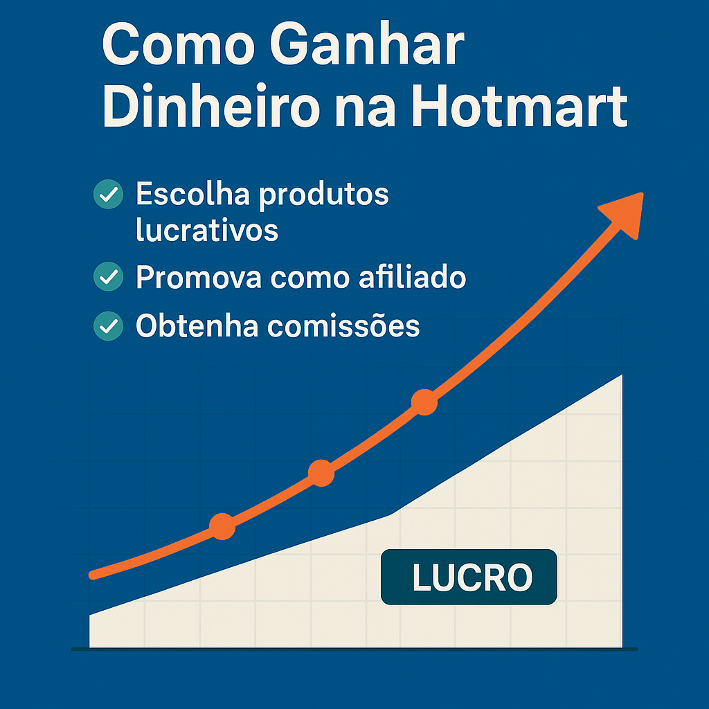 Infográfico mostrando gráfico de lucro crescente para afiliados da Hotmart com dicas de como escolher produtos lucrativos, promover como afiliado e obter comissões.
