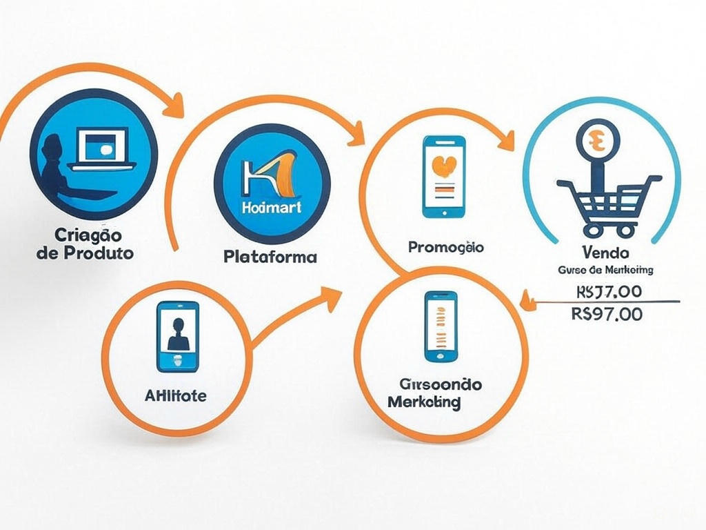 Infográfico colorido explicando como funciona o programa de afiliados Hotmart