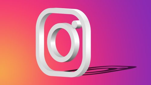 Logo tridimensional do Instagram sobre um fundo com degradê rosa, roxo e laranja, representando a identidade visual do Instagram Shopping.